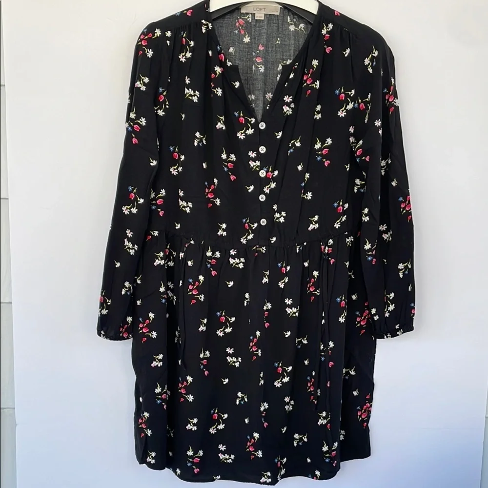LOFT Black Casual Floral Side Tie Sundress Long Sleeves Medium Petite